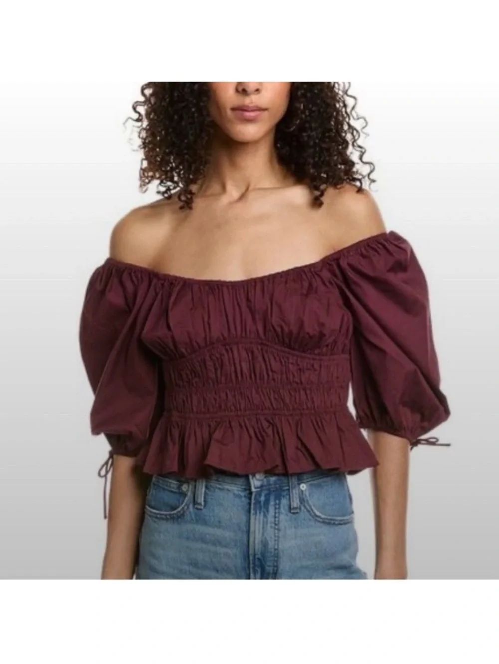 STAUD Faye Gathered Puff-Sleeve Crop Top Cotton in Plum Women’s size XL